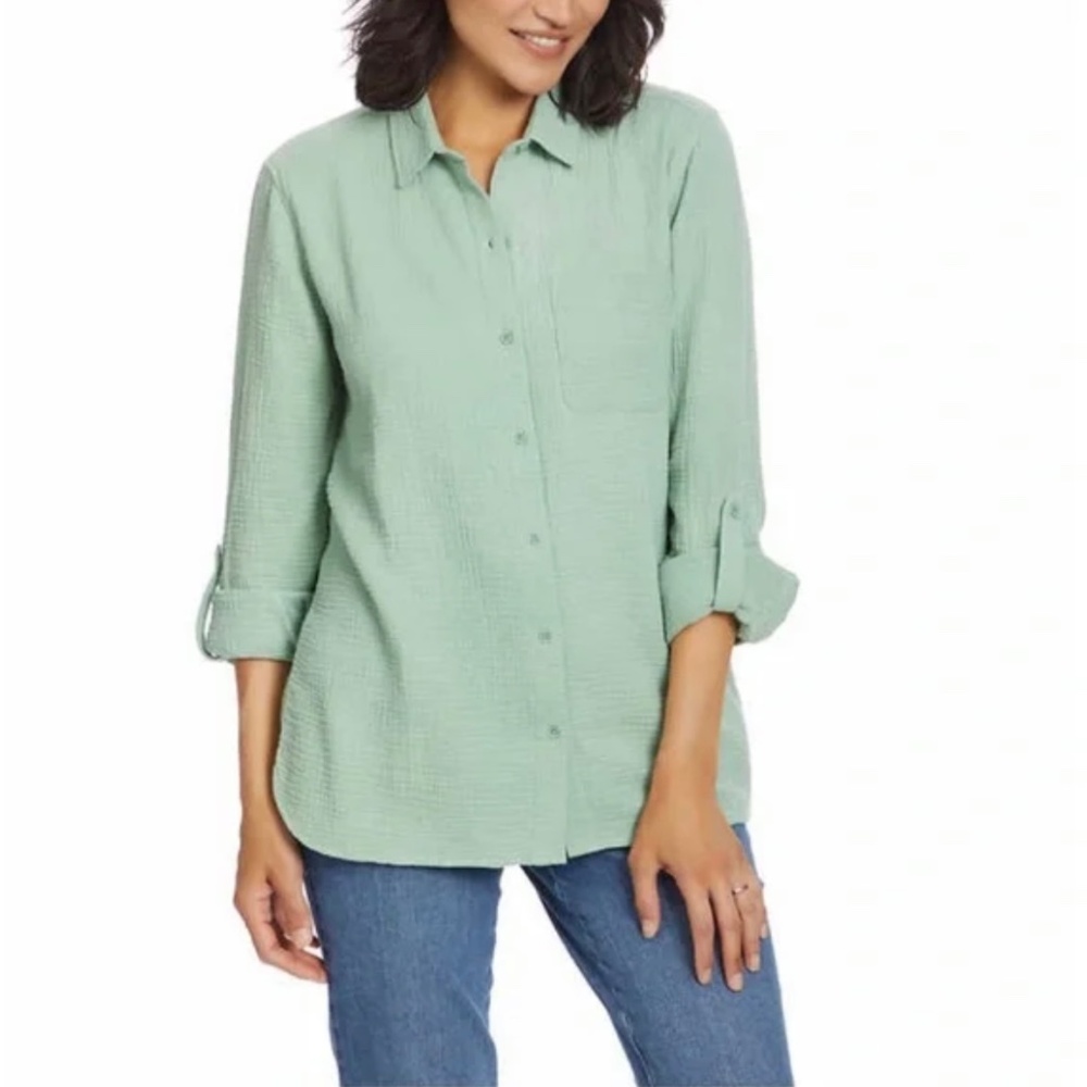 Anne Klein Jeans Women’s Long Sleeve Cotton Green Gauze Blouse Size M